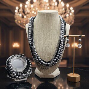 Premier Designs Black & Gray Multi-strand Pearls & Beads 3 piece set